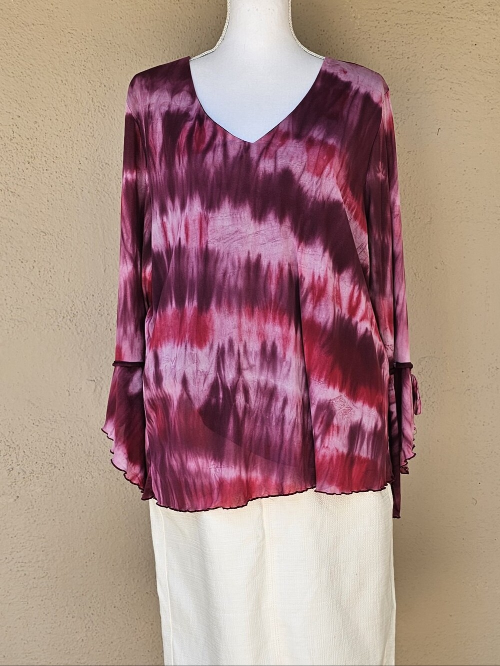 Venezia Jeans Pink & Plum Tie - Dye Striped Pattern Bohemian Trumpet Sleeve Top